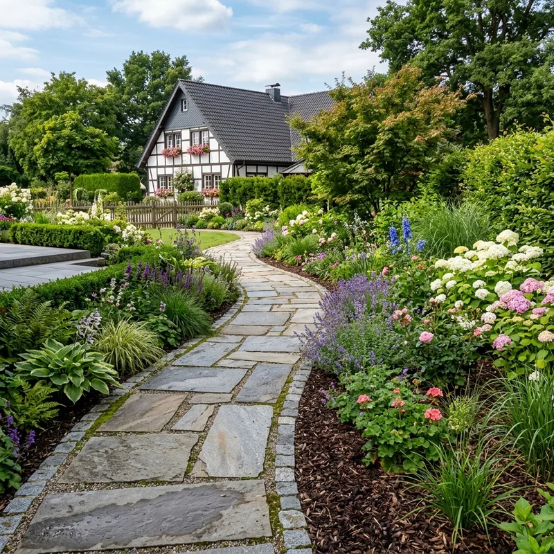 Gartenweg mit Natursteinplatten – Wegebau München